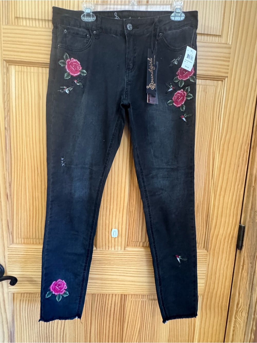 Soundgirl Black Skinny Jeans with Pink Rose Embroidery